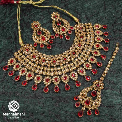 Glorious Maroon Coloured With Traditional Work AD Kundan Necklace Set Decorated With AD Kundan