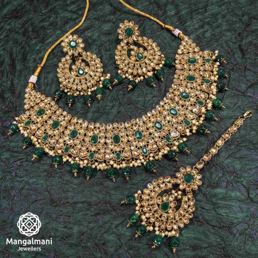 Marvellous Green Coloured With Designer Stone Work AD Kundan Necklace Set Studded With AD Kundan