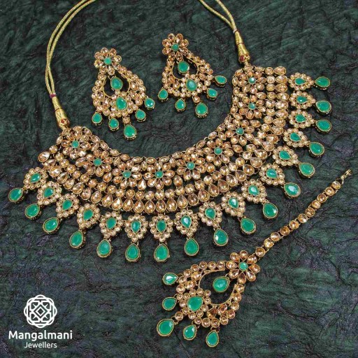 Pleasant Green Coloured With Traditional Work AD Kundan Necklace Set Embellished With AD Kundan