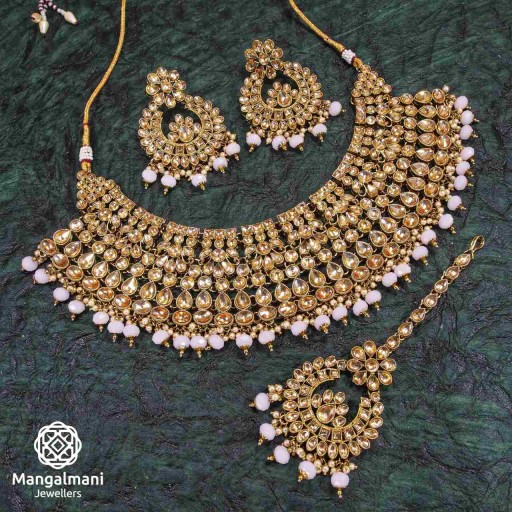 Prepossessing Pink Coloured With Ethnic Work AD Kundan Necklace Set Decorated With AD Kundan