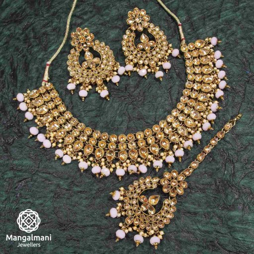 Stunning Pink Coloured With Traditional Work AD Kundan Necklace Set Embellished With AD Kundan