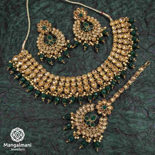 Stylish Green Coloured With Ethnic Work AD Kundan Necklace Set Decorated With AD Kundan
