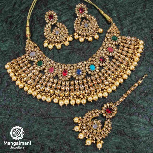 Alluring Multicolor Coloured With Ethnic Work AD Kundan Necklace Set Studded With AD Kundan