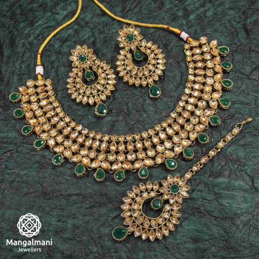 Antique Green Coloured With Designer Stone Work AD Kundan Necklace Set Embellished With AD Kundan
