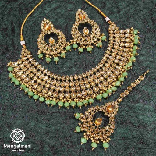 Attractive Green Coloured With Traditional Work AD Kundan Necklace Set Decorated With AD Kundan