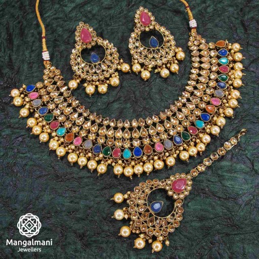 Resplendent Multicolor Coloured With Designer Stone Work AD Kundan Necklace Set Studded With AD Kundan