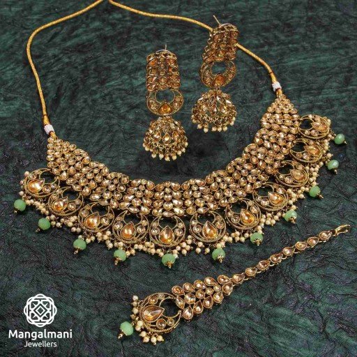 Stylish Green Coloured With Ethnic Work AD Kundan Necklace Set Decorated With AD Kundan