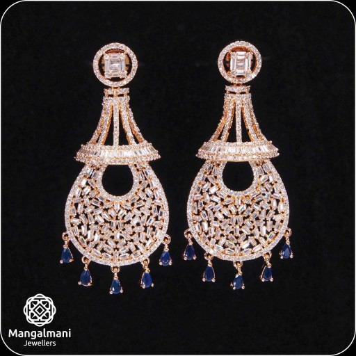 Marvellous Royal Blue Coloured With Party Wear Designer Work CZ Earrings Studded With Cubic Zirconia