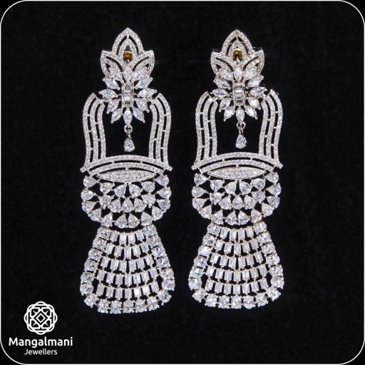 Stylish White Coloured With Party Wear Designer Work CZ Earrings Decorated With Cubic Zirconia