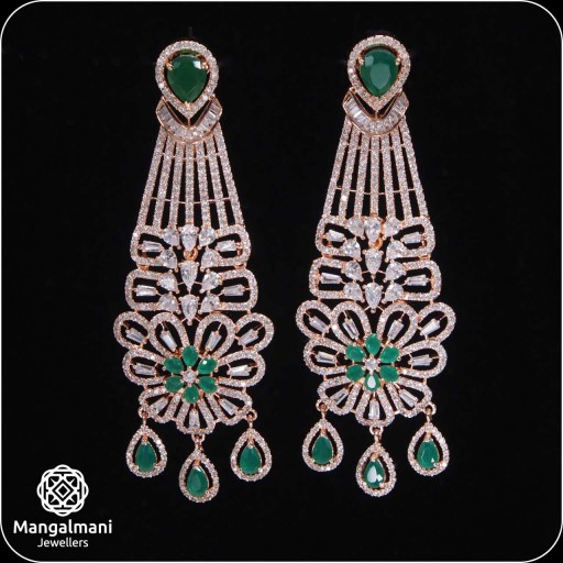Charming Green Coloured With Party Wear Designer Work CZ Earrings Decorated With Cubic Zirconia
