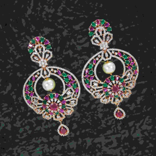 Magnificent Rani and Green Coloured With Party Wear Designer Work CZ Earrings Adorned With Cubic Zirconia