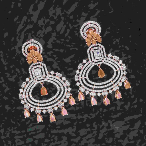 Stylish Peach Coloured With Party Wear Designer Work CZ Earrings Decorated With Cubic Zirconia