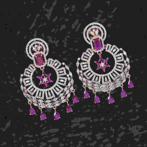 Trendy Ruby Coloured With Party Wear Designer Work CZ Earrings Adorned With Cubic Zirconia