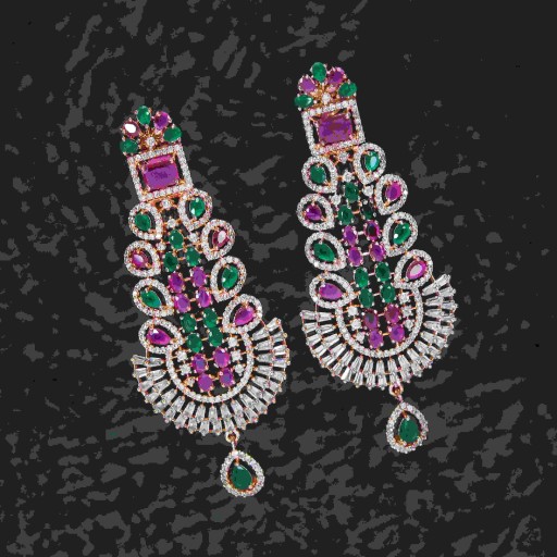 Captivating Ruby and Green Coloured With Party Wear Designer Work CZ Earrings Studded With Cubic Zirconia