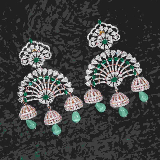 Fascinating Green Coloured With Western Look Designer Work CZ Earrings Adorned With Cubic Zirconia