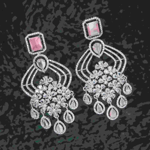 Glamorous Pink Coloured With Party Wear Designer Work CZ Earrings Embellished With Cubic Zirconia