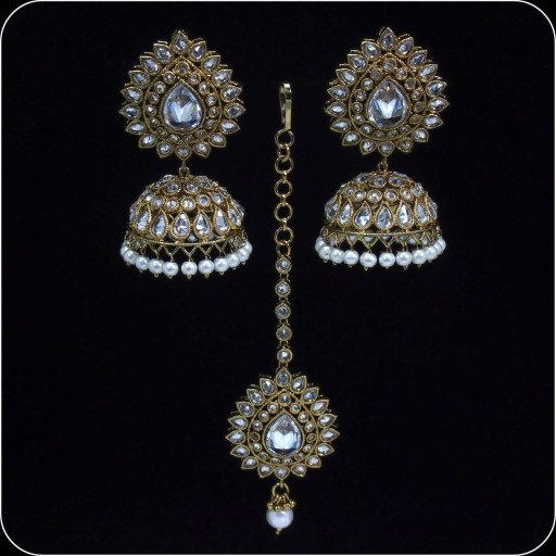 Pretty Traditional AD Jhumki Earrings And Tikka Set