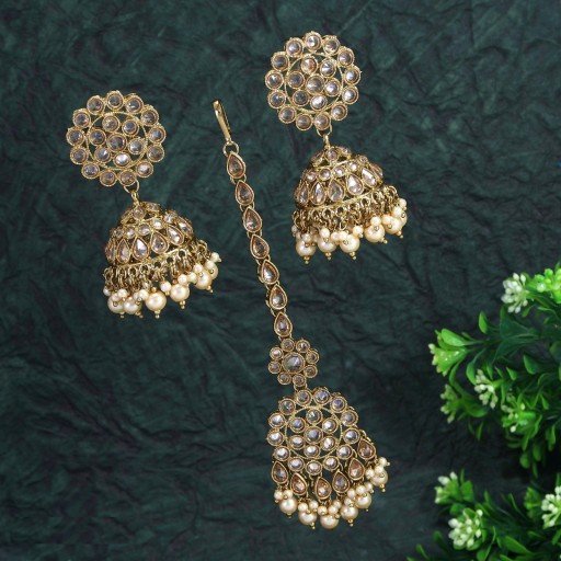 Attractive With Traditional Work Polki Jhumki & Tikka