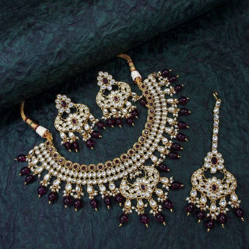Captivating With Designer Stone Work Kundan Necklace Set  