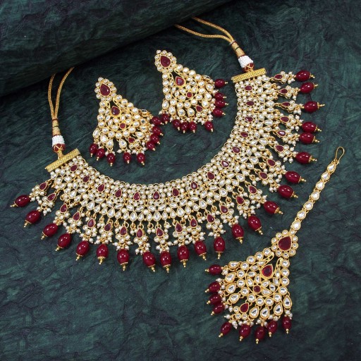 Charming With Designer Stone Work Kundan Necklace Set  
