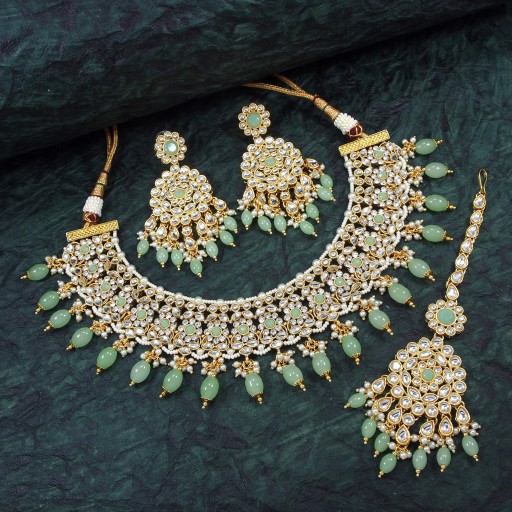 Trendy With Designer Stone Work Kundan Necklace Set  