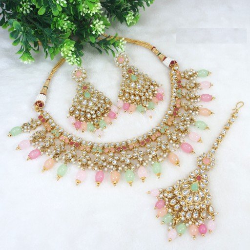 Antique With Designer Stone Work Kundan Necklace Set  