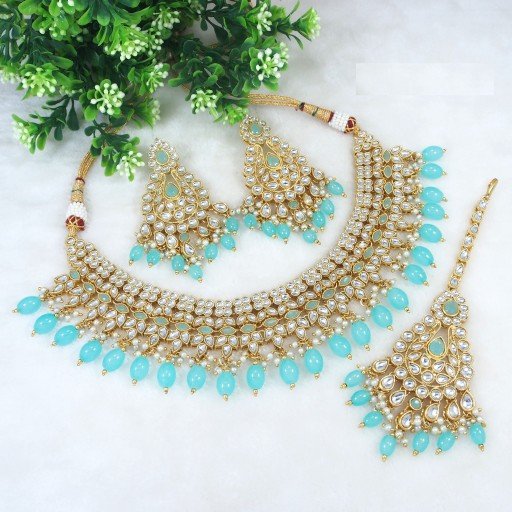 Captivating With Designer Stone Work Kundan Necklace Set  