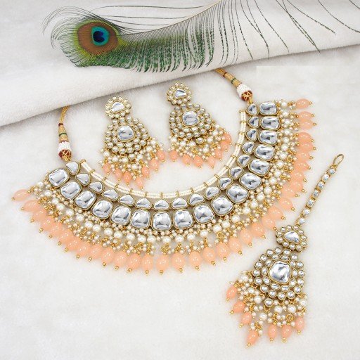 Radiant With Designer Stone Work Kundan Necklace Set  