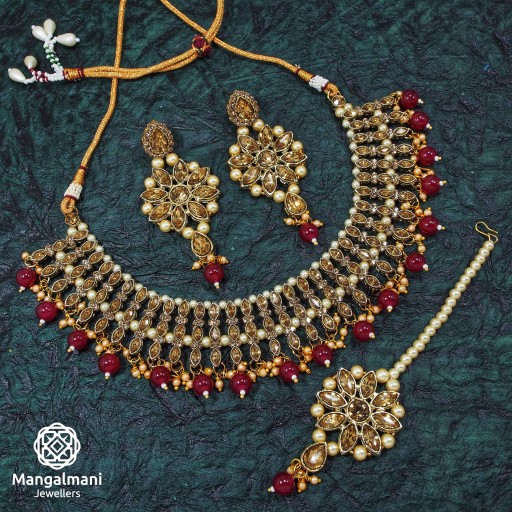 Fashionable Handmade Patwa Work Necklace Set Studded With Kundan and Australian stone 