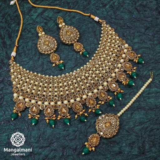 Marvellous Handmade Patwa Work Necklace Set Studded With Kundan and Australian stone 