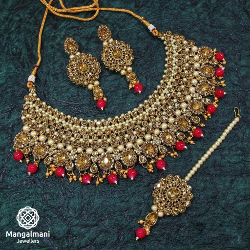 Pleasant Handmade Patwa Work Necklace Set Embellished With Kundan and Australian stone 