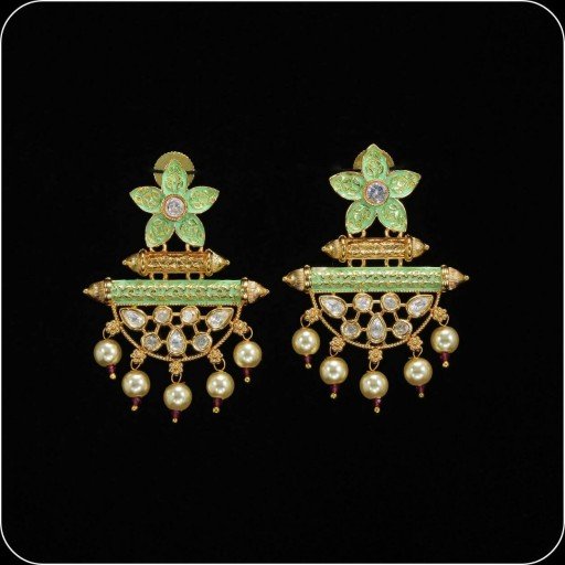 Beautiful Brass Made CZ And Kundan Stone Work Mint Meena Earrings