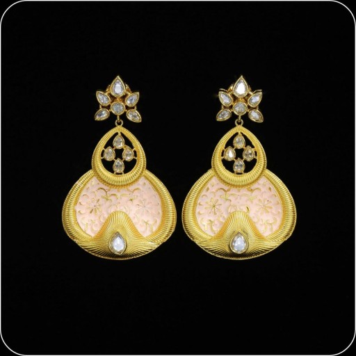 Charming Brass Made CZ And Kundan Stone Work Mint Meena Earrings