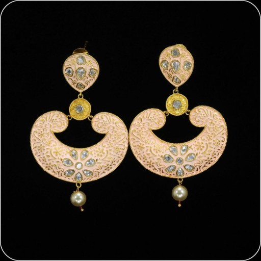 Desirable Brass Made CZ And Kundan Stone Work Mint Meena Earrings