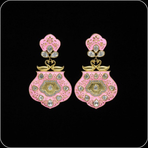 Elegant Brass Made CZ And Kundan Stone Work Mint Meena Earrings