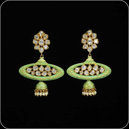 Fashionable Brass Made CZ And Kundan Stone Work Mint Meena Earrings