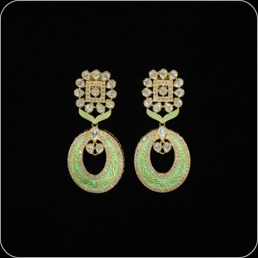 Magnificent Brass Made CZ And Kundan Stone Work Mint Meena Earrings