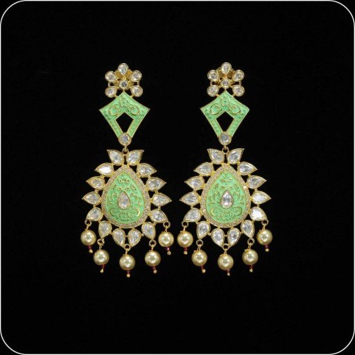 Presentable Brass Made CZ And Kundan Stone Work Mint Meena Earrings