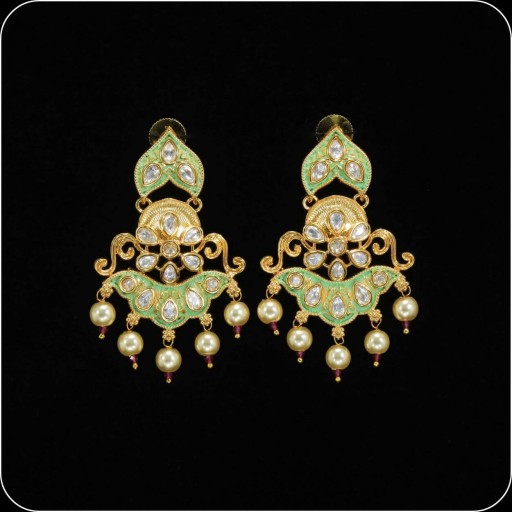 Radiant Brass Made CZ And Kundan Stone Work Mint Meena Earrings