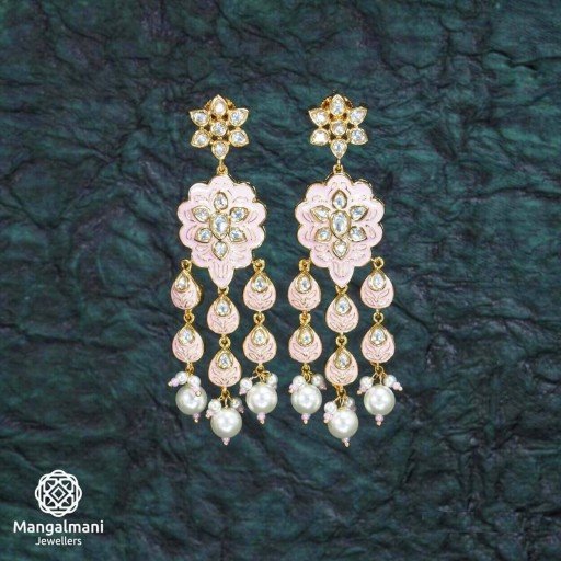 Stunning Brass Made CZ And Kundan Stone Work Mint Meena Earrings