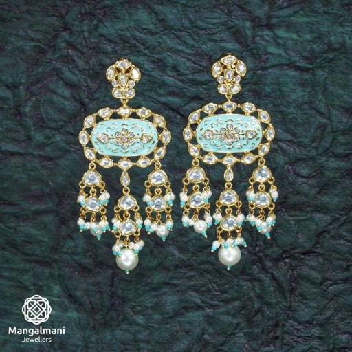 Charismatic Brass Made CZ And Kundan Stone Work Mint Meena Earrings