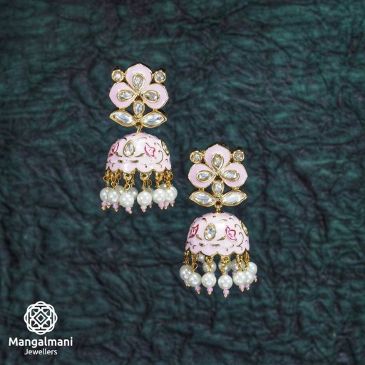 Attractive Brass Made CZ And Kundan Stone Work Mint Meena Earrings