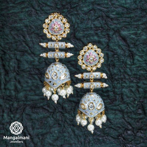 Beautiful Brass Made CZ And Kundan Stone Work Mint Meena Earrings