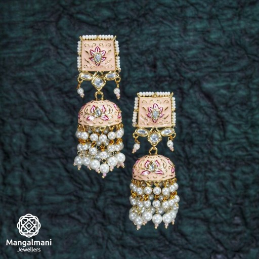Elegant Brass Made CZ And Kundan Stone Work Mint Meena Earrings
