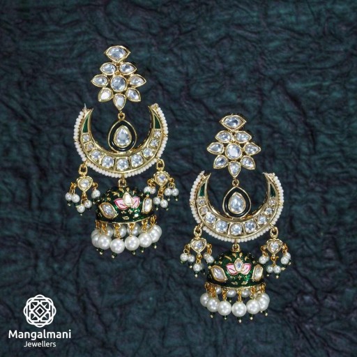 Engaging Brass Made CZ And Kundan Stone Work Mint Meena Earrings