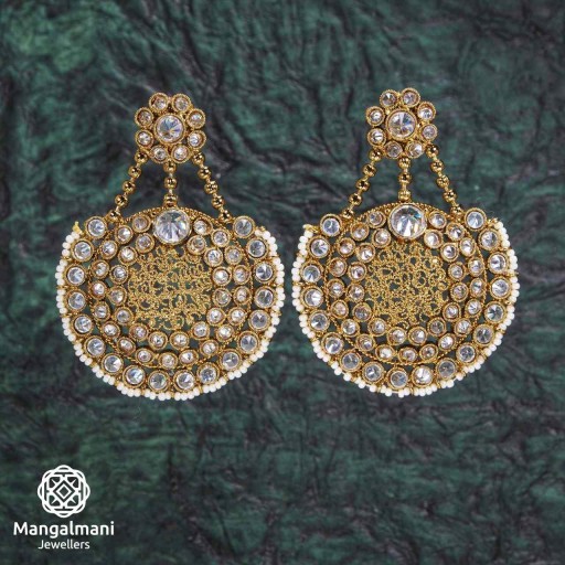 Beautiful White Coloured With Ethnic Work Polki Earrings Adorned With Reverse Ad