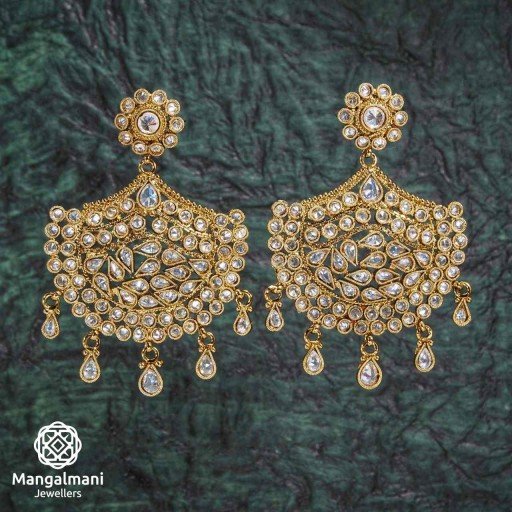 Elegant White Coloured With Designer Stone Work Polki Earrings Studded With Reverse Ad