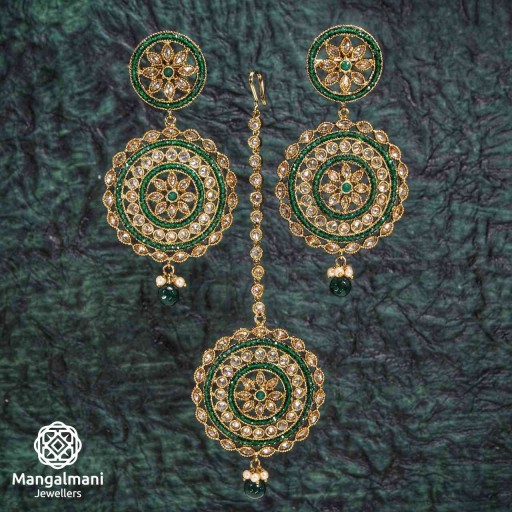 Prepossessing Green Coloured With Traditional Work Polki Earring And Tikka Set Decorated With Reverse Ad