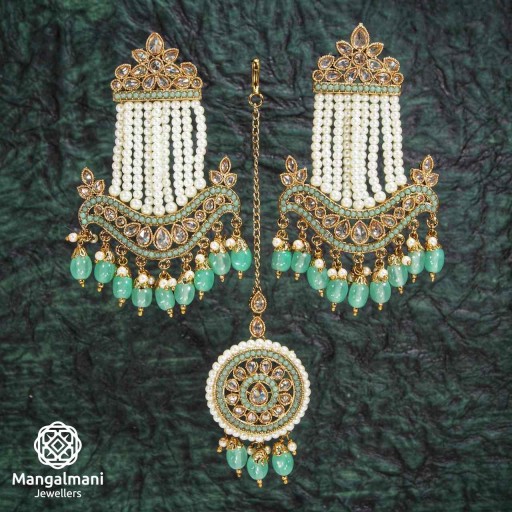 Radiant Mint Coloured With Ethnic Work Polki Earring And Tikka Set Decorated With Reverse Ad