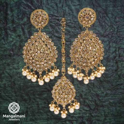 Resplendent LCT Coloured With Traditional Work Polki Earring And Tikka Set Studded With Reverse Ad